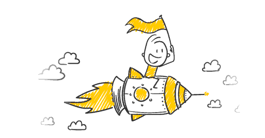 Gründer greg sitzt rittlings auf seiner Rakete und fliegt durch die Wolken